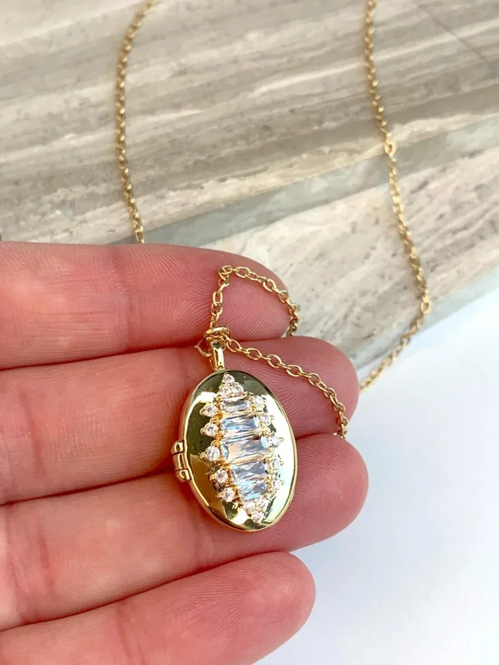 NEW ~ Anthropologie Oval CZ Baguette Gold Locket Necklace